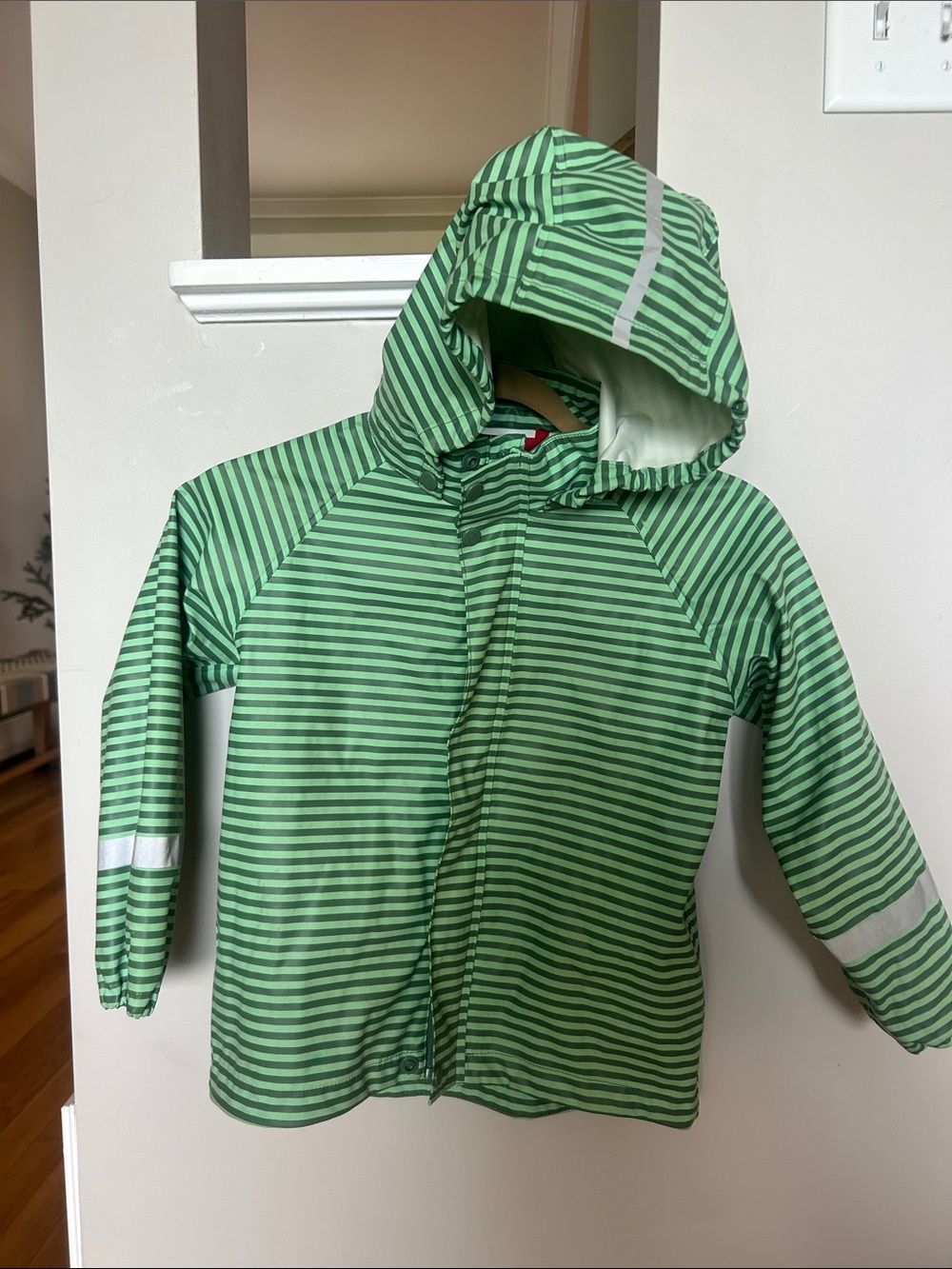 Kids Green Striped Hooded Raincoat with Reflective Trim